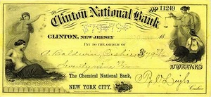 CLINTON NATIONALBANK AT CLINTON NJ, 1893, GRAVIERTER SCHECK - Bild 1 von 2