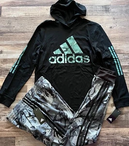 NWT Adidas Boys YXL Black/Gray/Green L/S Hooded Camouflage Jogger Pants Set XL - Picture 1 of 5