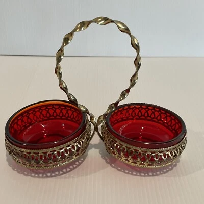 Vintage Ruby Red Double Glass Candy Dishes In Gold Colour Metal  Frame - image 1 of 4