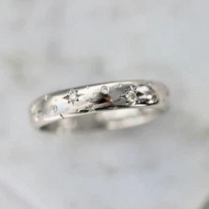 Star&Moon Round White Gold Plated Moissanite Engagement Ring Wedding Band 4 MM - Picture 1 of 8