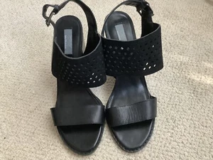 New GRAY SAKS FIFTH AVENUE Black sling back Laser Cut Block heel Sandals sz 8 - Picture 1 of 10