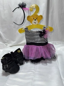 Build a Bear Kleid schwarz weiß Streifen Oberteil rosa & schwarz Tüll Stiefel Stirnband Posten - Bild 1 von 13