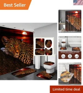 Premium Waterproof Leopard Print Shower Curtain with Non-Skid Rug Set - 4-Piece - Picture 1 of 10