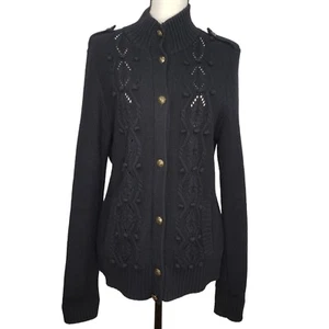 Talbots Cardigan Sweater Large Black L/S Pockets Cable Open Knit Detail - Picture 1 of 7