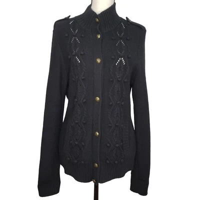 Cárdigan Suéter Grande Negro L/S Bolsillos Cable Detalle Tejido Abierto Talbots Foto 1 de 4