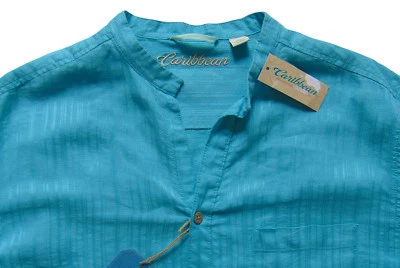 Men's CARIBBEAN Aqua Greenish Blue Linen + Open Neck Shirt Large L NWT NEW HOT! - Image 1 of 4