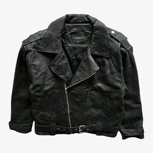 Chaqueta de motociclista de cuero negra Club Monaco vintage Y2K para hombre, motocicleta retro años 90 - Imagen 1 de 7