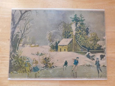 Impresión victoriana vintage de patinaje sobre hielo a bordo arte de paisaje de invierno 10x14 Foto 1 de 4