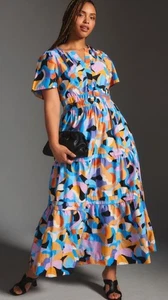 Anthropologie Somerset Tiered Maxi Dress •M Petite• Abstract Shape Orange Motif - Picture 1 of 10