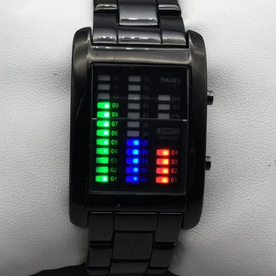 Skmei Watch Mens 32mm Green Blue Red LED Metallic Black Tank New Battery 8.75" - Image 1 of 4