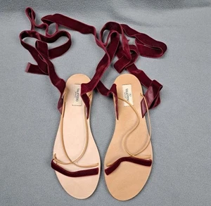 Valentino Garavani Shoes Womens Size 37.5 Red Velvet Lace Up Sandals Italy Flat - Picture 1 of 12