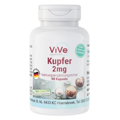 Kupfer 2 mg - 90 Kapseln Kupferbisglycinat - Spurenelement | ViVe Supplements