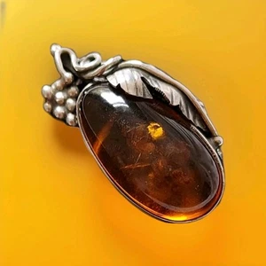 Fully Hallmarked 1980'S LARGE Sterling Silver COGNAC AMBER Brooch - Picture 1 of 11