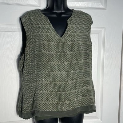 Vintage Y2K Jones Wear Silk Shirt Women 16 Green Tan Geometric Sleeveless Lined - Image 1 of 4