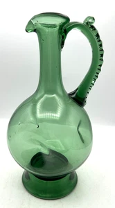 Vtg Green Glass Wine Pitcher/ Decanter Empoli Style Blown Glass Beaded Handle - Picture 1 of 11
