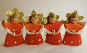VTG Christmas Flocked Felt  Angels With Gold Foil Wing Ornaments Set of 4~1950's - Picture 1 of 7