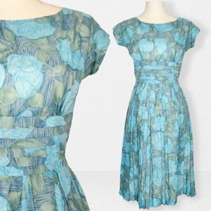 Maxine Floral Day Dress Ladies S Atomic Mid Century Aqua 60s Pleated 50s Vintage - Picture 1 of 18