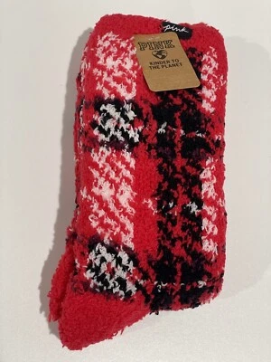 VICTORIA'S SECRET PINK Fuzzy Mid-Calf Socks Red/Plaid One Size-NWT - Image 1 of 4