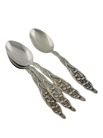 4 Sterling WHITING 5 7/8" Teaspoons LILY OF THE VALLEY 1885 ~no mono Cover