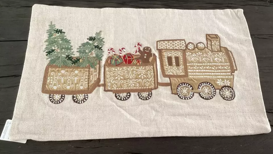 Pottery Barn Gingerbread Train Embroidered Lumbar Pillow Cover 16" w x 26"   New - Image 1 of 1