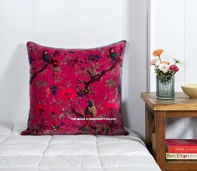 Bohemian Bird Printed Velvet Cushion Cover Decorative Throw Pink Pillow Case 22" - Image 1 of 4