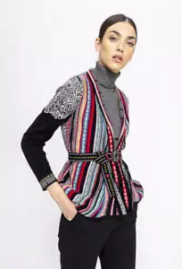 IVKO cardigan belted jacket geometric pattern black red wool 192615 - Picture 1 of 4