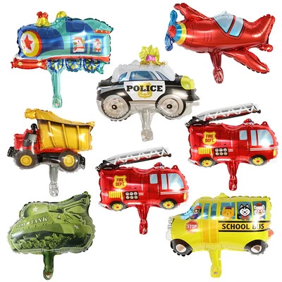 10Pcs Mini Cartoon Car Foil Balloons Plane Tank Ambulance Fire Truck Train Air G - Image 1 of 4