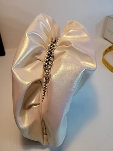 Nina  Evening Bag Clutch White Metallic  Gathered Fabric Double Crystal Zip Pull - Picture 1 of 9