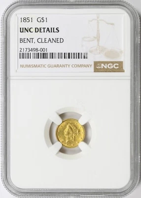 1851 G$1 Gold Dollar NGC UNC Details - Bent, Cleaned - Image 1 of 4