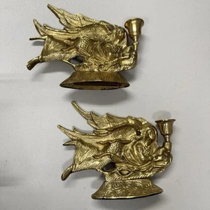 VINTAGE Pair Angels Brass Metal Table Top Candle Stick Holders Taper 7.5in - Picture 1 of 9
