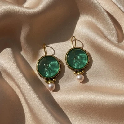 Museum Edwardian Intaglio Earrings Flower Pearl Gold Cameo Geometric Green - Image 1 of 4