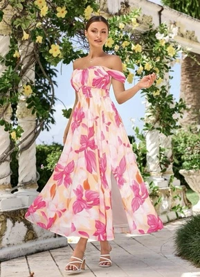 GRACE KARIN Floral Print A Line Maxi Dresses Smocked Off Shoulder Dress - Medium - Image 1 of 4