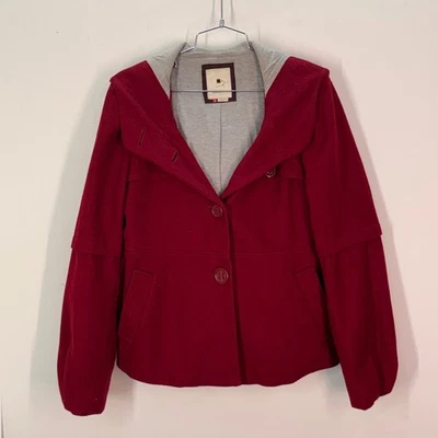 Elevenses Anthropologie Burgundy Wool Blend Hooded Button Front Jacket - Image 1 of 4