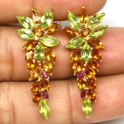 925 Sterling Silver Green Peridot, Citrine & Ruby Earrings 18K Gold Plated - Image 1 of 4