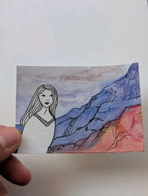 Tarjeta de arte original ACEO dibujo mujer huérfana de montaña pintura firmada por artista  Foto 1 de 2