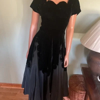 Vintage 1940s Black Satin Velvet dress M short sleeves Victorian midi formal - Image 1 of 4