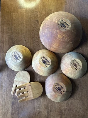 Juego de ensaladeras, cuencos, tenedores de madera para servir The Great Alaskan Bowl Co. de 7 piezas, usado Foto 1 de 4