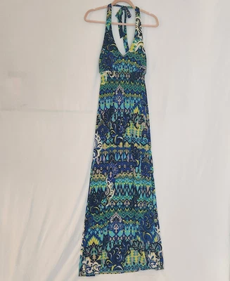 Maxi Vestido Solero Bisou Bisou Azul y Negro Boho Halter Talla 6 Michelle Bohbot Foto 1 de 4