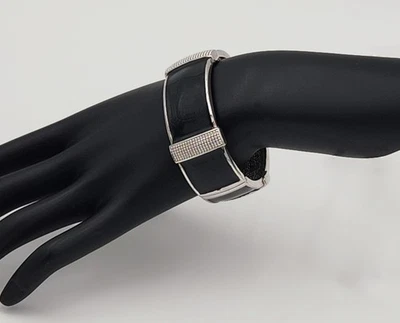 Винтажный Clamper манжеты браслет серебристого тона/черный эмаль на петлях заявление ювелирных изделий - Изображение 1 из 4