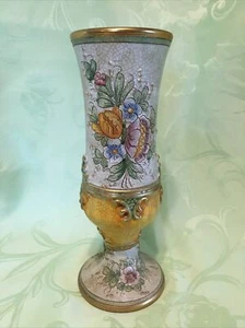 Veneto Flair Crackle Pedestal Vase 423/G Floral Gold Trim 8.75” Tall - Italy - Picture 1 of 23