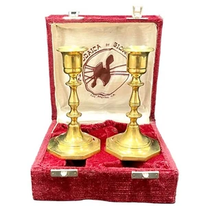 Vintage Messing Judaica Schabbat Kerzenhalter Samt Box Kerzenständer Stab/Fledermaus Mizwa - Bild 1 von 18