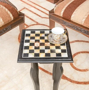 Black Marble Top Chess Set Table With Stand Mosaic Inlaid Art Decorative Gift - Picture 1 of 2
