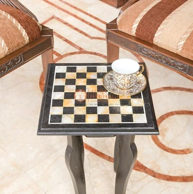 Black Marble Top Chess Set Table With Stand Mosaic Inlaid Art Decorative Gift - Image 1 of 2