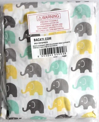Bacati 2-Pk Fitted Crib Sheets Elephant Mint/Yellow/Grey 100% Cotton Percale - Image 1 of 2