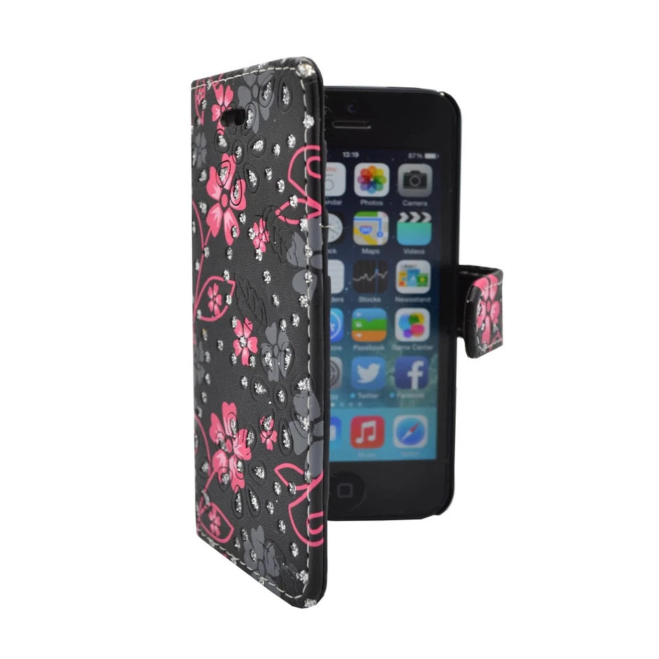CASE FOR APPLE IPHONE 6 VARIOUS COLOURS FLOWER SWIRL GLITTER DESIGN WALLET COVER - Image 1 of 4
