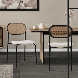 Set 2 sillas de comedor tapizadas beige asientos con respaldo curvado de rejilla - Imagen 1 de 7
