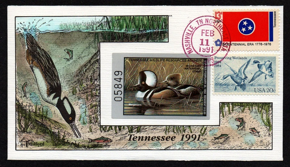USA, SCOTT # TN13, HANDPAINTED MILFORD FDC COVER 1991 TENNESSEE DUCK WATERFOWL - Image 1 of 1