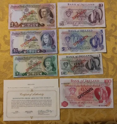 NORTHERN IRELAND 7 Specimen Set UNC 1977 P 61-64 P 247-9 CS1&CS2 000195 COA - Image 1 of 2