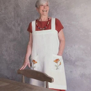 Rough Linen The Original Poppy BlockPrint Linen Pinafore-Apron orange Large - Picture 1 of 3