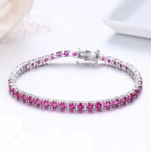 8Ct Round Cut Lab Created Pink Ruby Women Tennis Bracelet 14K White Gold Plated - Picture 1 of 3